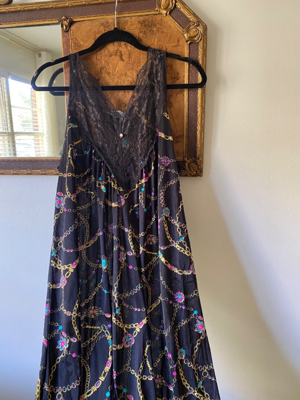 Vintage 1970s Black Bejeweled Chain Link Print Full Length Slip Glam Unique L